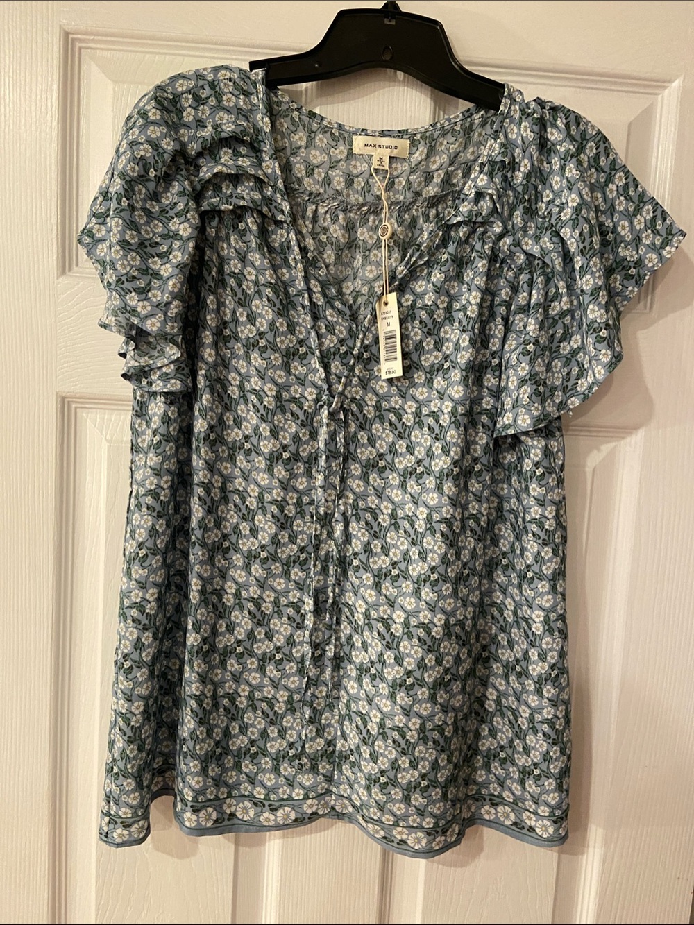 Max Studio Blue Floral Ruffle Sleeve Blouse